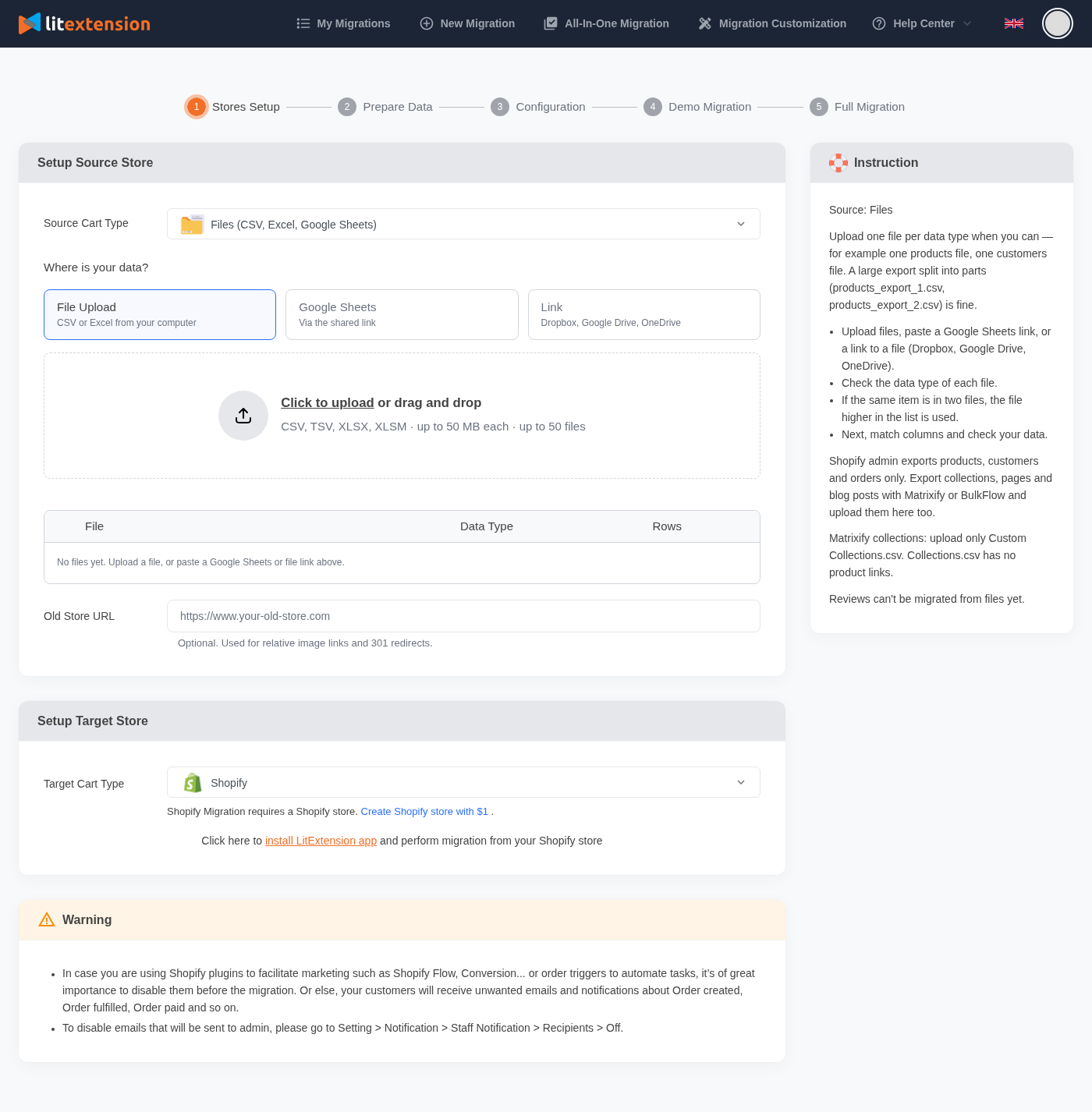 Màn hình Stores Setup khi chọn nguồn Files