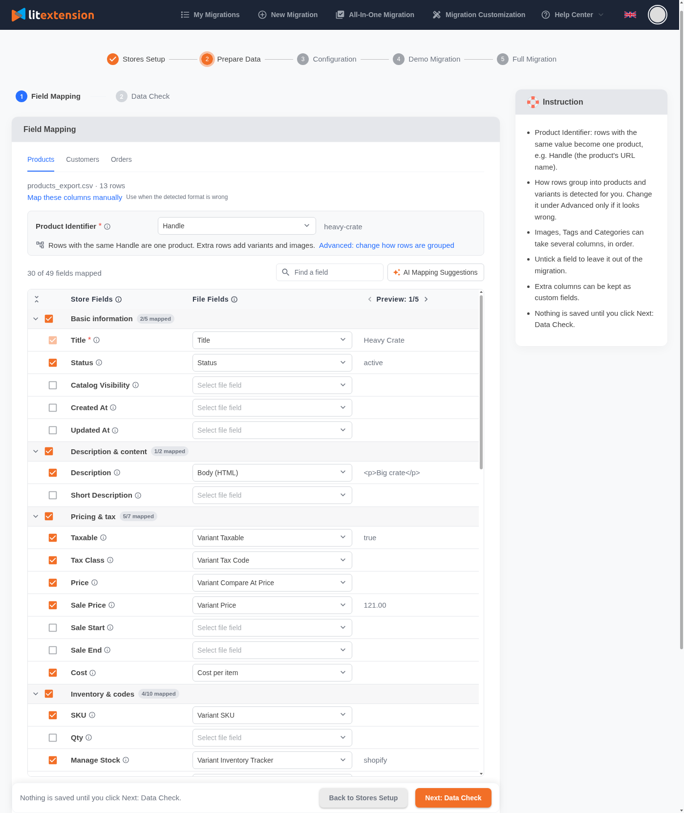 Field Mapping tab Products